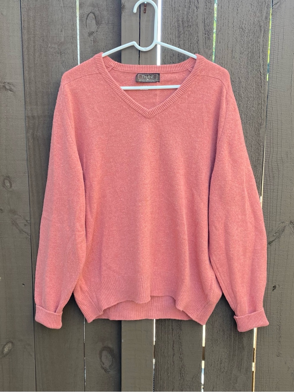 Vintage Thane 100% Scottish cashmere V-neck sweater in a salmon/coral pink shade